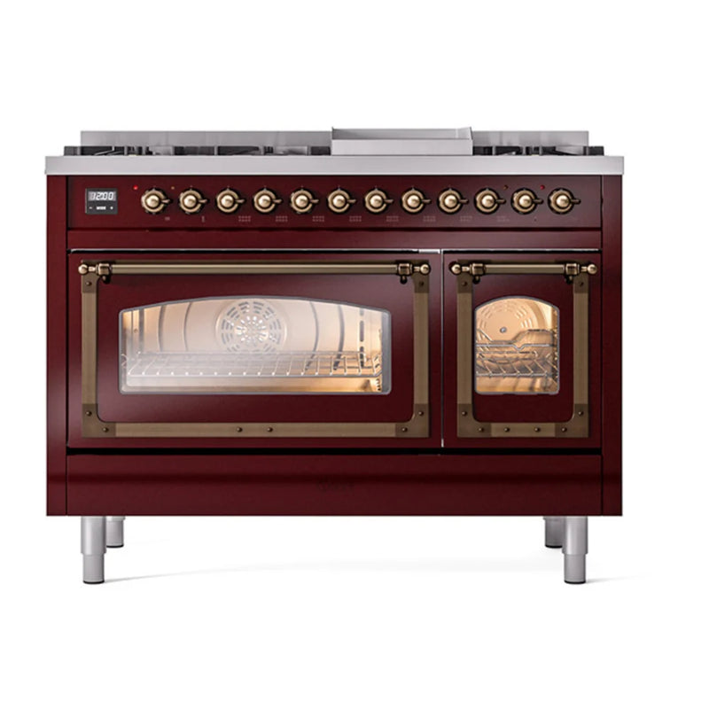 ILVE Nostalgie II Noblesse 48" Dual Fuel Freestanding Range in Burgundy with Burnished Trim, UN48FNMPBUBLP