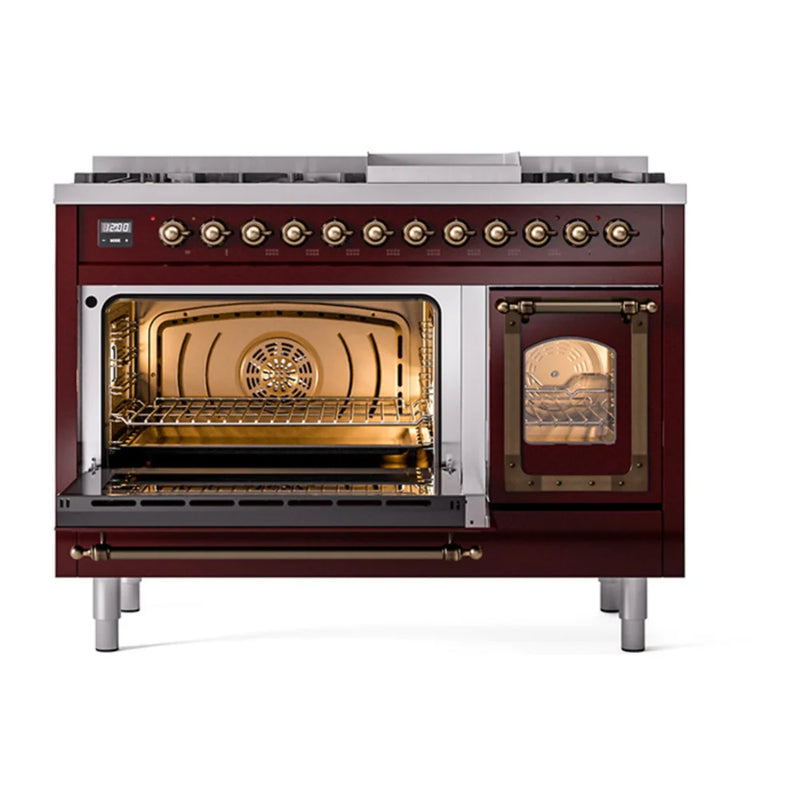 ILVE Nostalgie II Noblesse 48" Dual Fuel Freestanding Range in Burgundy with Burnished Trim, UN48FNMPBUBLP