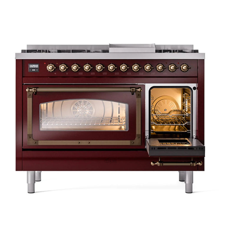 ILVE Nostalgie II Noblesse 48" Dual Fuel Freestanding Range in Burgundy with Burnished Trim, UN48FNMPBUBLP