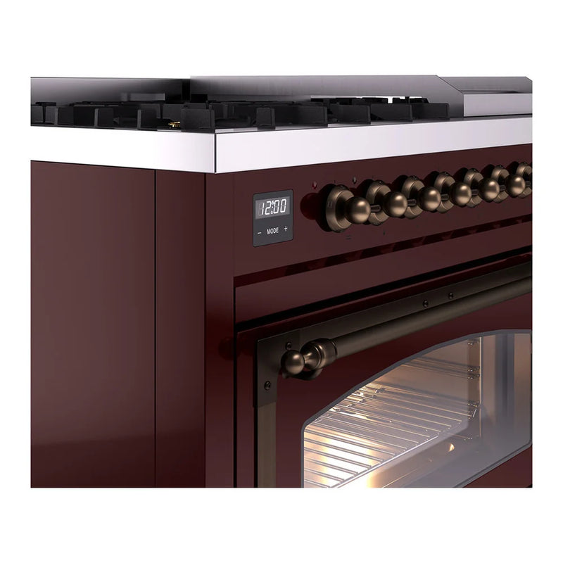 ILVE Nostalgie II Noblesse 48" Dual Fuel Freestanding Range in Burgundy with Burnished Trim, UN48FNMPBUBLP