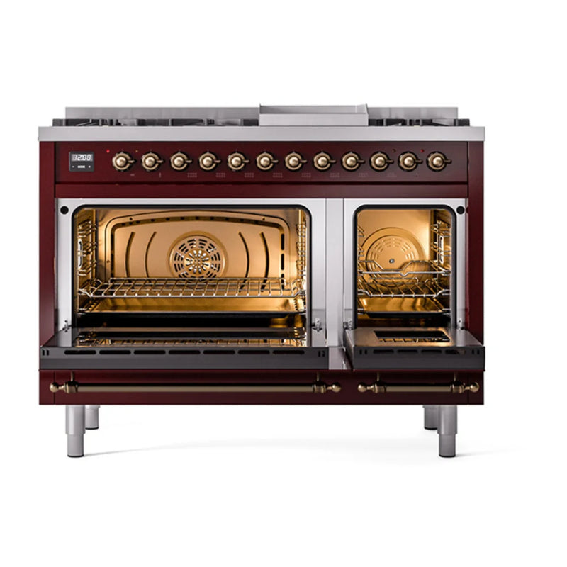 ILVE Nostalgie II Noblesse 48" Dual Fuel Freestanding Range in Burgundy with Burnished Trim, UN48FNMPBUB