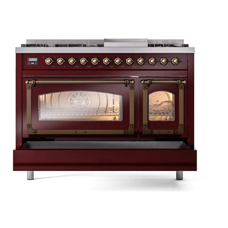 ILVE Nostalgie II Noblesse 48" Dual Fuel Freestanding Range in Burgundy with Burnished Trim, UN48FNMPBUB