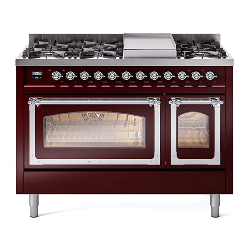 ILVE Nostalgie II Noblesse 48" Dual Fuel Freestanding Range in Burgundy with Chrome Trim, UN48FNMPBUCLP