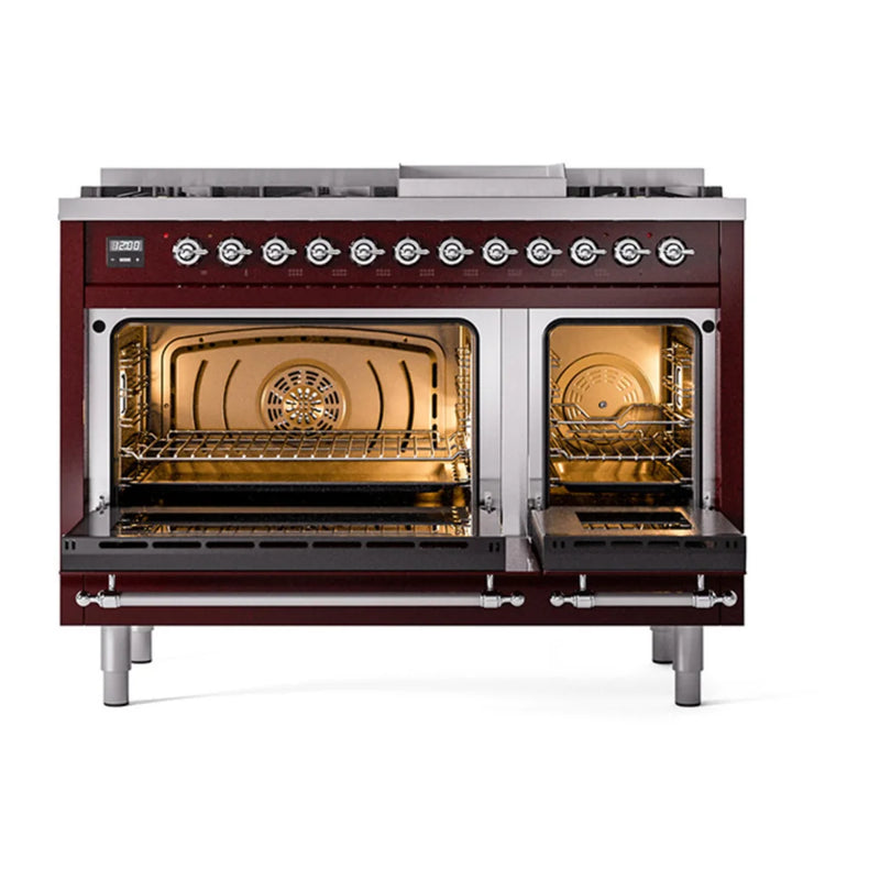 ILVE Nostalgie II Noblesse 48" Dual Fuel Freestanding Range in Burgundy with Chrome Trim, UN48FNMPBUCLP