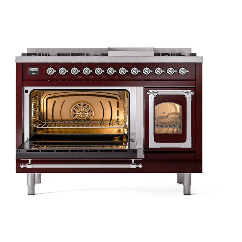 ILVE Nostalgie II Noblesse 48" Dual Fuel Freestanding Range in Burgundy with Chrome Trim, UN48FNMPBUCLP