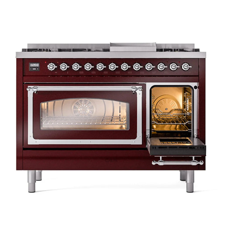 ILVE Nostalgie II Noblesse 48" Dual Fuel Freestanding Range in Burgundy with Chrome Trim, UN48FNMPBUCLP