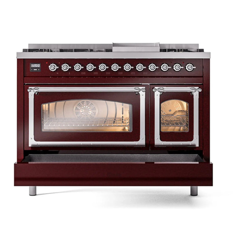 ILVE Nostalgie II Noblesse 48" Dual Fuel Freestanding Range in Burgundy with Chrome Trim, UN48FNMPBUCLP