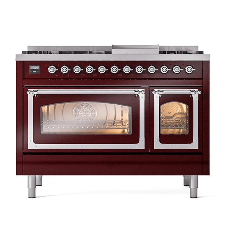 ILVE Nostalgie II Noblesse 48" Dual Fuel Freestanding Range in Burgundy with Chrome Trim, UN48FNMPBUC