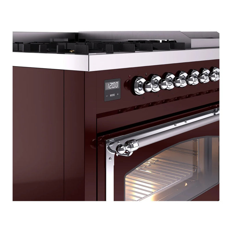 ILVE Nostalgie II Noblesse 48" Dual Fuel Freestanding Range in Burgundy with Chrome Trim, UN48FNMPBUC
