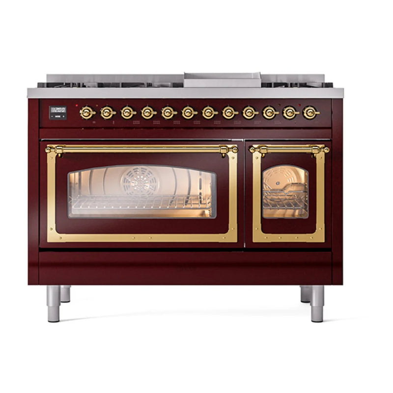ILVE Nostalgie II Noblesse 48" Dual Fuel Freestanding Range in Burgundy with Brass Trim, UN48FNMPBUGLP