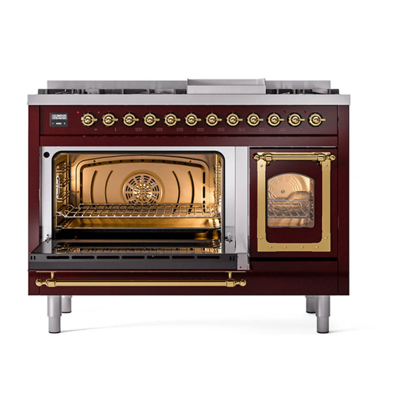 ILVE Nostalgie II Noblesse 48" Dual Fuel Freestanding Range in Burgundy with Brass Trim, UN48FNMPBUGLP