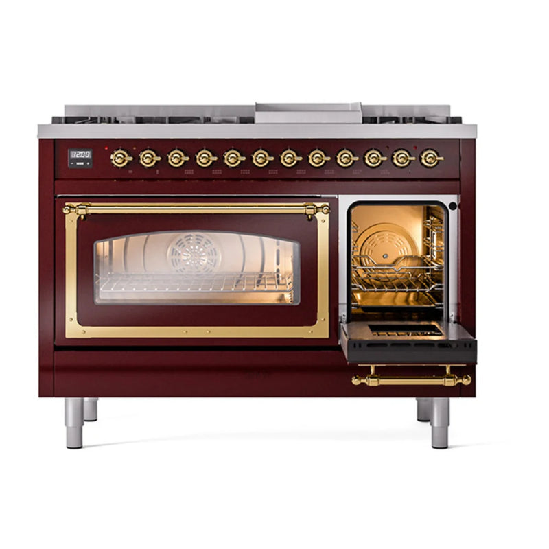 ILVE Nostalgie II Noblesse 48" Dual Fuel Freestanding Range in Burgundy with Brass Trim, UN48FNMPBUGLP