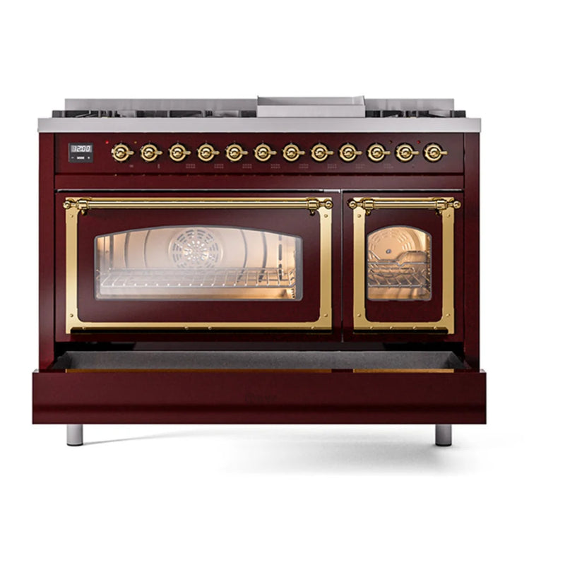 ILVE Nostalgie II Noblesse 48" Dual Fuel Freestanding Range in Burgundy with Brass Trim, UN48FNMPBUGLP