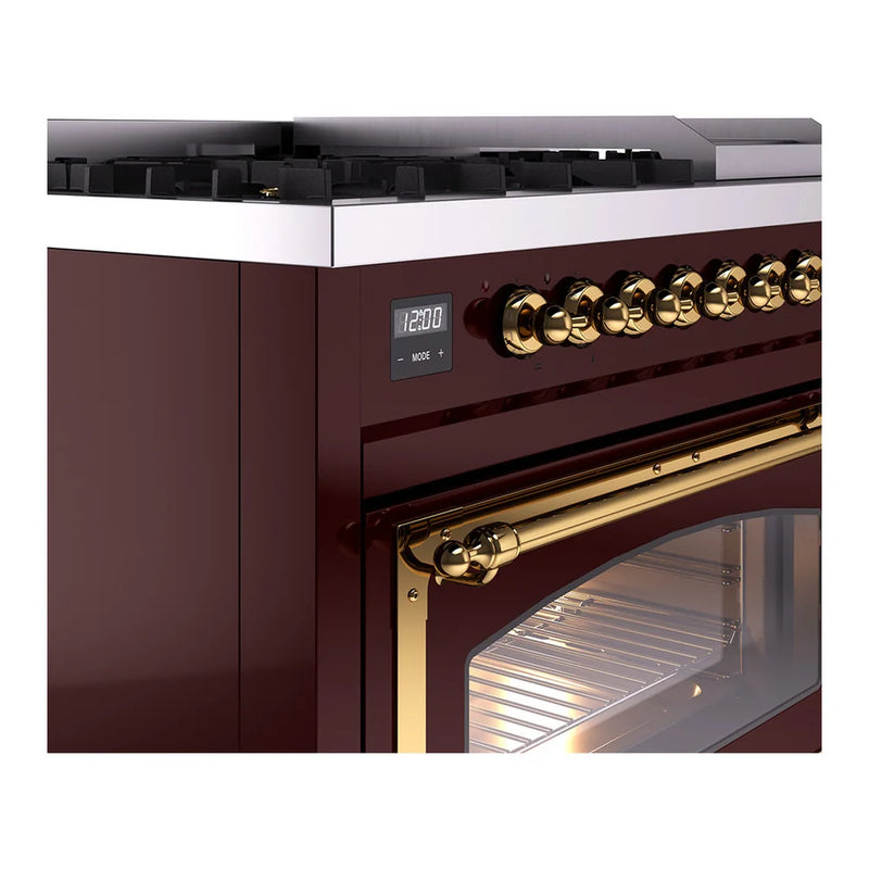 ILVE Nostalgie II Noblesse 48" Dual Fuel Freestanding Range in Burgundy with Brass Trim, UN48FNMPBUGLP