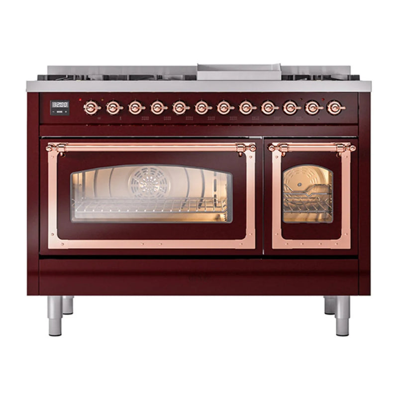 ILVE Nostalgie II Noblesse 48" Dual Fuel Freestanding Range in Burgundy with Copper Trim, UN48FNMPBUPLP