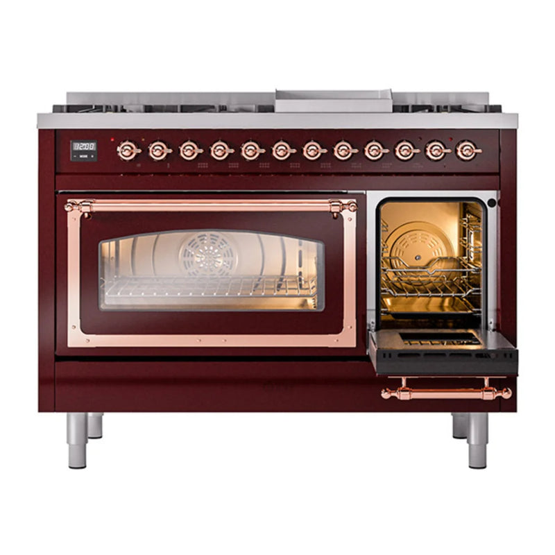 ILVE Nostalgie II Noblesse 48" Dual Fuel Freestanding Range in Burgundy with Copper Trim, UN48FNMPBUPLP