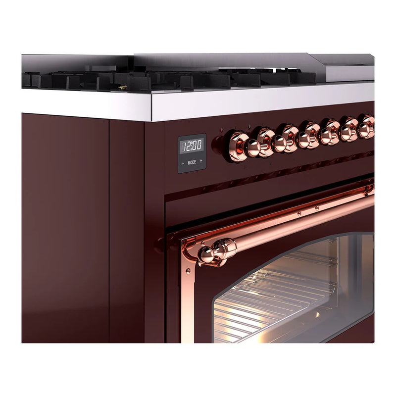 ILVE Nostalgie II Noblesse 48" Dual Fuel Freestanding Range in Burgundy with Copper Trim, UN48FNMPBUPLP