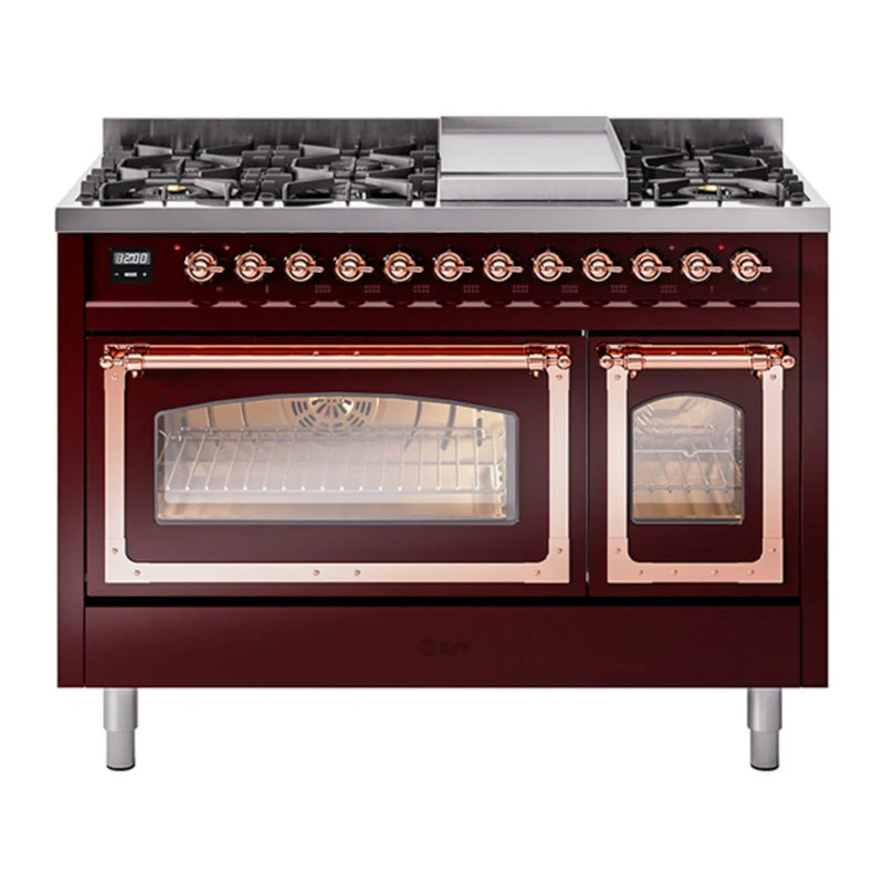 ILVE Nostalgie II Noblesse 48" Dual Fuel Freestanding Range in Burgundy with Copper Trim, UN48FNMPBUP
