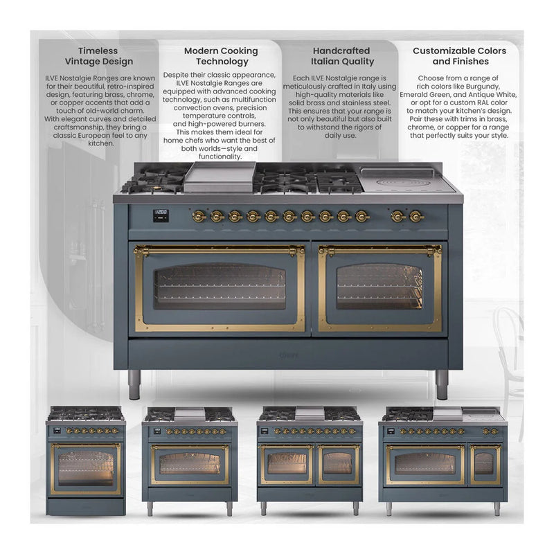 ILVE Nostalgie II Noblesse 48" Dual Fuel Freestanding Range in Burgundy with Copper Trim, UN48FNMPBUP