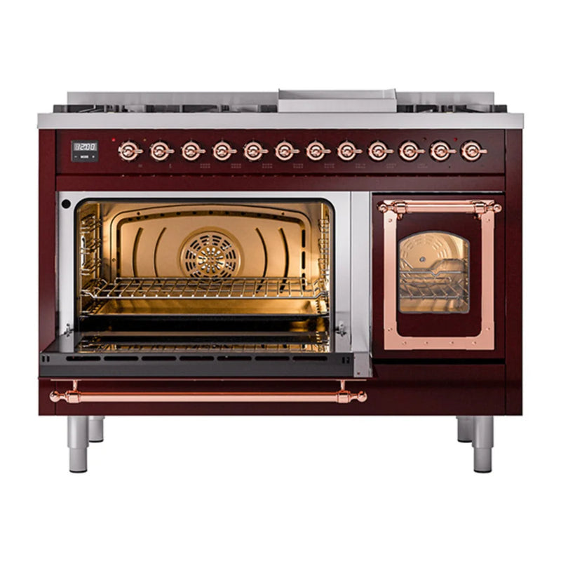 ILVE Nostalgie II Noblesse 48" Dual Fuel Freestanding Range in Burgundy with Copper Trim, UN48FNMPBUP