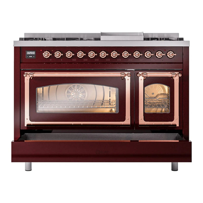 ILVE Nostalgie II Noblesse 48" Dual Fuel Freestanding Range in Burgundy with Copper Trim, UN48FNMPBUP