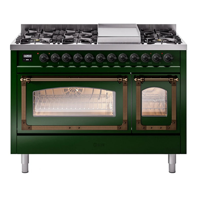 ILVE Nostalgie II Noblesse 48" Dual Fuel Freestanding Range in Emerald Green with Burnished Trim, UN48FNMPEGBLP