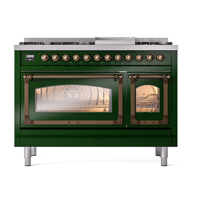 ILVE Nostalgie II Noblesse 48" Dual Fuel Freestanding Range in Emerald Green with Burnished Trim, UN48FNMPEGBLP
