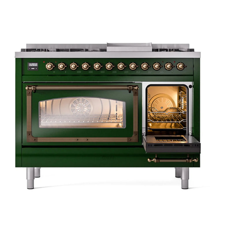 ILVE Nostalgie II Noblesse 48" Dual Fuel Freestanding Range in Emerald Green with Burnished Trim, UN48FNMPEGBLP