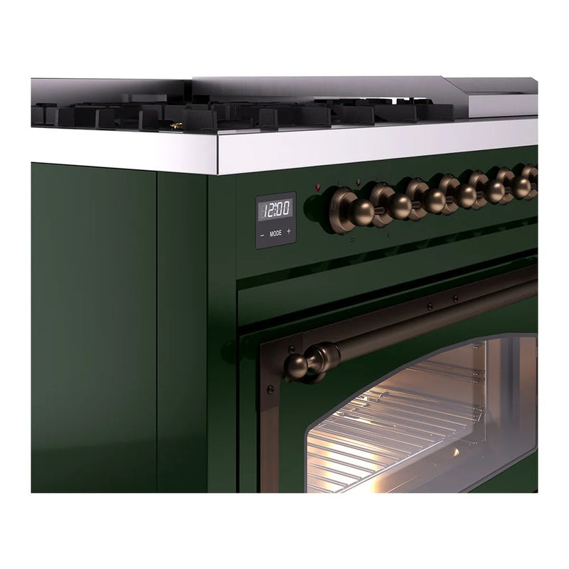 ILVE Nostalgie II Noblesse 48" Dual Fuel Freestanding Range in Emerald Green with Burnished Trim, UN48FNMPEGBLP