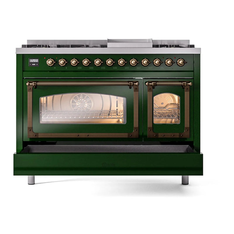 ILVE Nostalgie II Noblesse 48" Dual Fuel Freestanding Range in Emerald Green with Burnished Trim, UN48FNMPEGB