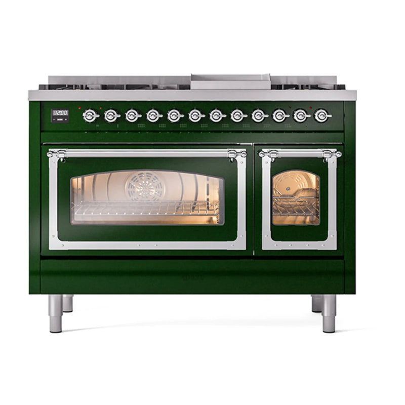 ILVE Nostalgie II Noblesse 48" Dual Fuel Freestanding Range in Emerald Green with Chrome Trim, UN48FNMPEGCLP