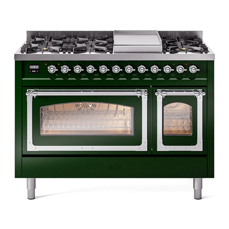 ILVE Nostalgie II Noblesse 48" Dual Fuel Freestanding Range in Emerald Green with Chrome Trim, UN48FNMPEGC