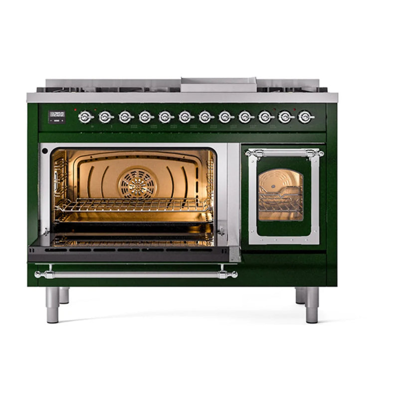 ILVE Nostalgie II Noblesse 48" Dual Fuel Freestanding Range in Emerald Green with Chrome Trim, UN48FNMPEGC