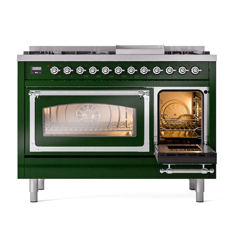 ILVE Nostalgie II Noblesse 48" Dual Fuel Freestanding Range in Emerald Green with Chrome Trim, UN48FNMPEGC