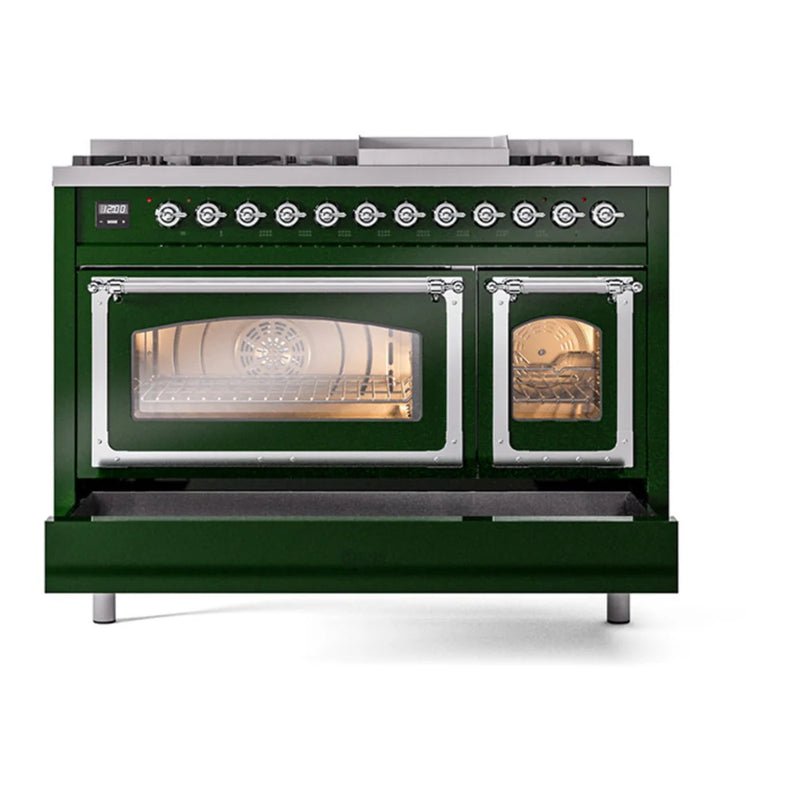 ILVE Nostalgie II Noblesse 48" Dual Fuel Freestanding Range in Emerald Green with Chrome Trim, UN48FNMPEGC