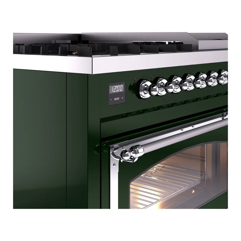 ILVE Nostalgie II Noblesse 48" Dual Fuel Freestanding Range in Emerald Green with Chrome Trim, UN48FNMPEGC