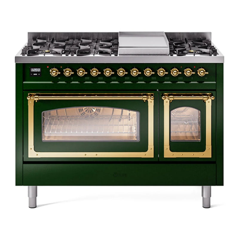 ILVE Nostalgie II Noblesse 48" Dual Fuel Freestanding Range in Emerald Green with Brass Trim, UN48FNMPEGGLP