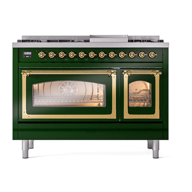 ILVE Nostalgie II Noblesse 48" Dual Fuel Freestanding Range in Emerald Green with Brass Trim, UN48FNMPEGGLP
