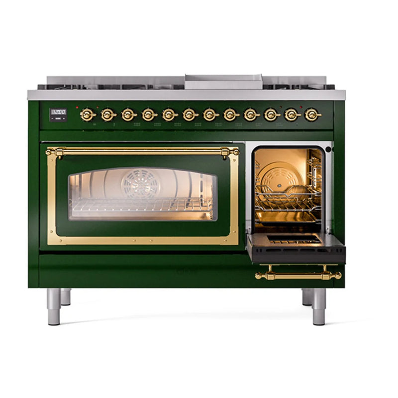 ILVE Nostalgie II Noblesse 48" Dual Fuel Freestanding Range in Emerald Green with Brass Trim, UN48FNMPEGGLP