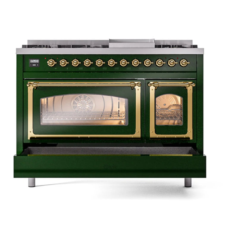 ILVE Nostalgie II Noblesse 48" Dual Fuel Freestanding Range in Emerald Green with Brass Trim, UN48FNMPEGGLP