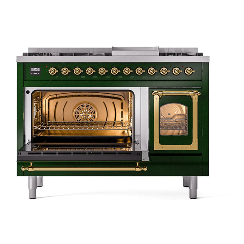 ILVE Nostalgie II Noblesse 48" Dual Fuel Freestanding Range in Emerald Green with Brass Trim, UN48FNMPEGG