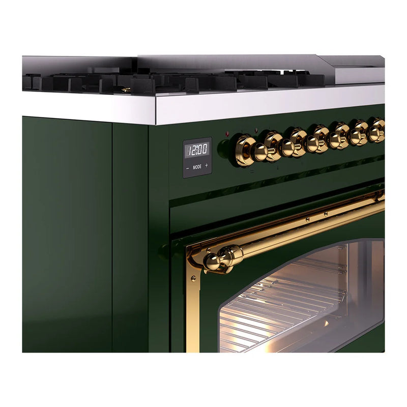 ILVE Nostalgie II Noblesse 48" Dual Fuel Freestanding Range in Emerald Green with Brass Trim, UN48FNMPEGG