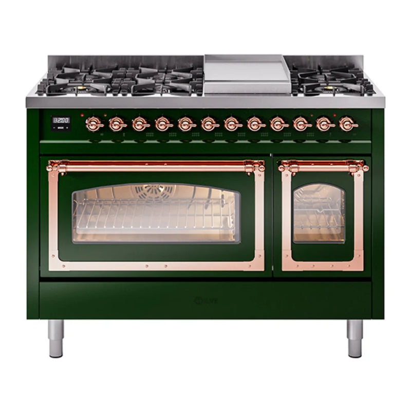 ILVE Nostalgie II Noblesse 48" Dual Fuel Freestanding Range in Emerald Green with Copper Trim, UN48FNMPEGPLP
