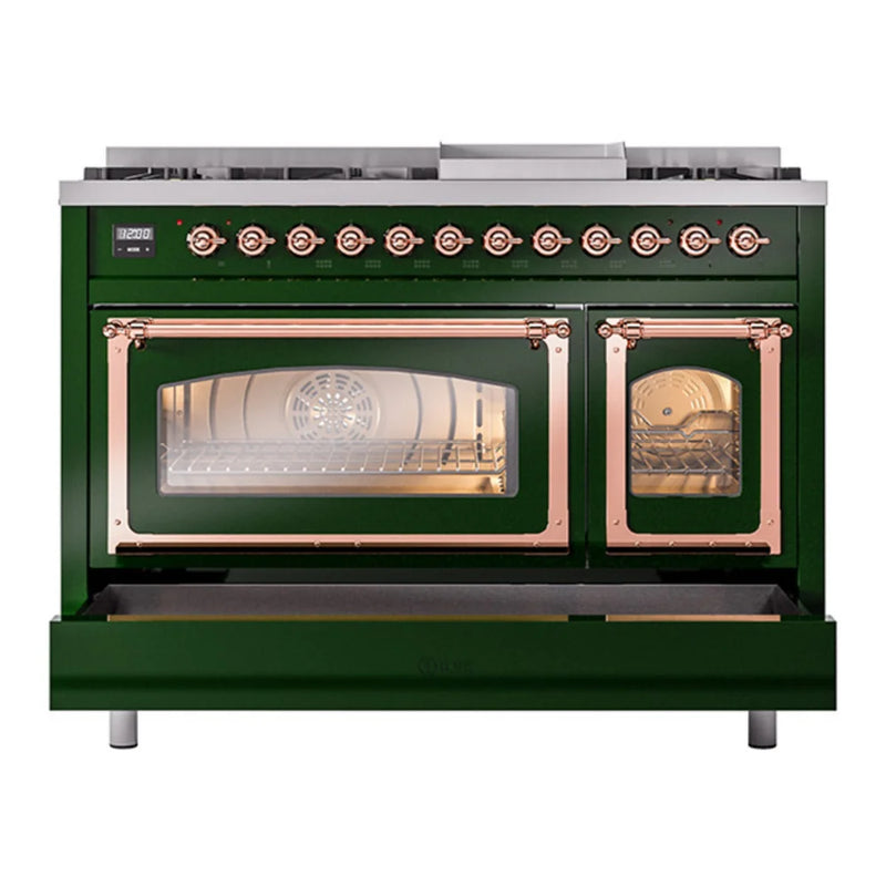 ILVE Nostalgie II Noblesse 48" Dual Fuel Freestanding Range in Emerald Green with Copper Trim, UN48FNMPEGPLP