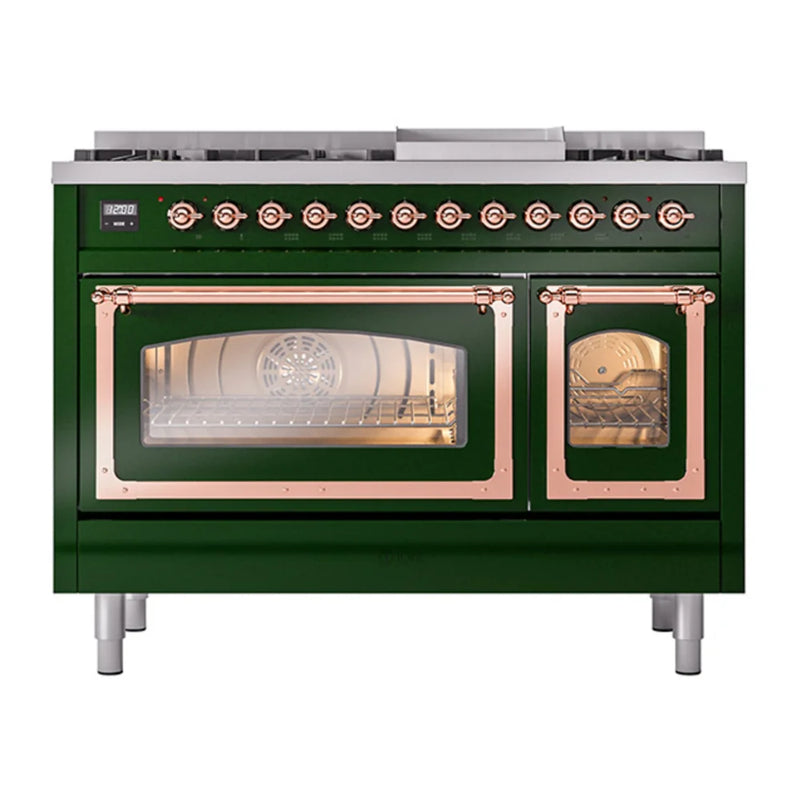 ILVE Nostalgie II Noblesse 48" Dual Fuel Freestanding Range in Emerald Green with Copper Trim, UN48FNMPEGP