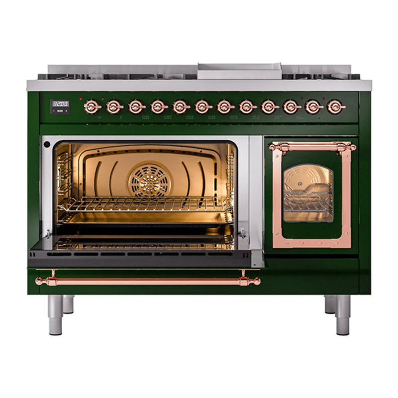 ILVE Nostalgie II Noblesse 48" Dual Fuel Freestanding Range in Emerald Green with Copper Trim, UN48FNMPEGP