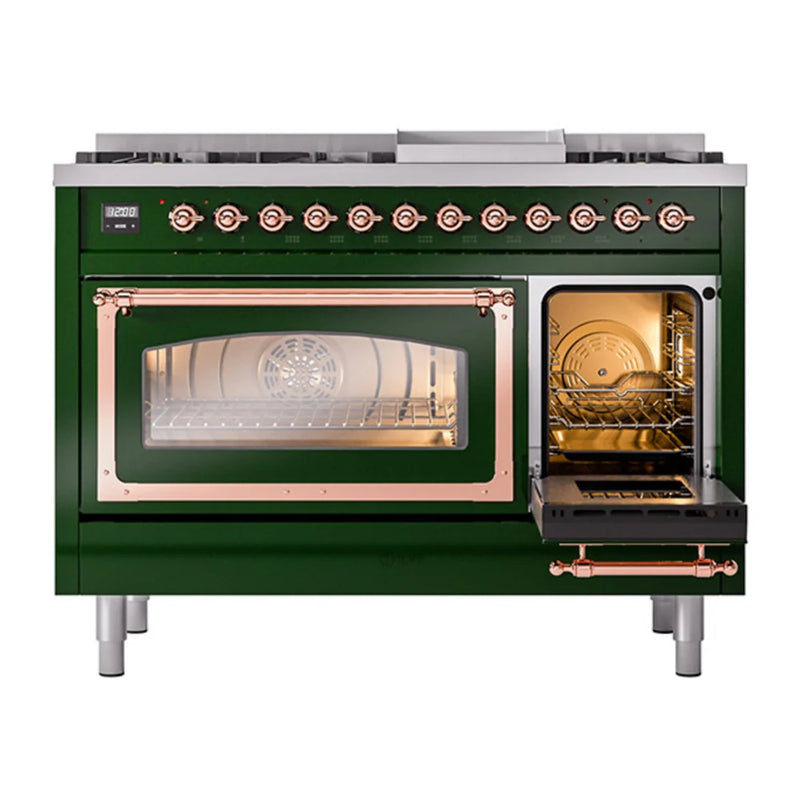 ILVE Nostalgie II Noblesse 48" Dual Fuel Freestanding Range in Emerald Green with Copper Trim, UN48FNMPEGP