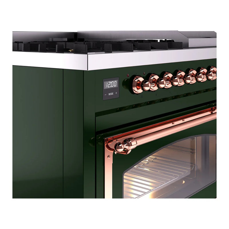 ILVE Nostalgie II Noblesse 48" Dual Fuel Freestanding Range in Emerald Green with Copper Trim, UN48FNMPEGP