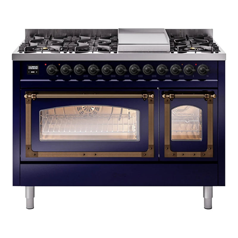ILVE Nostalgie II Noblesse 48" Dual Fuel Freestanding Range in Midnight Blue with Burnished Trim, UN48FNMPMBBLP