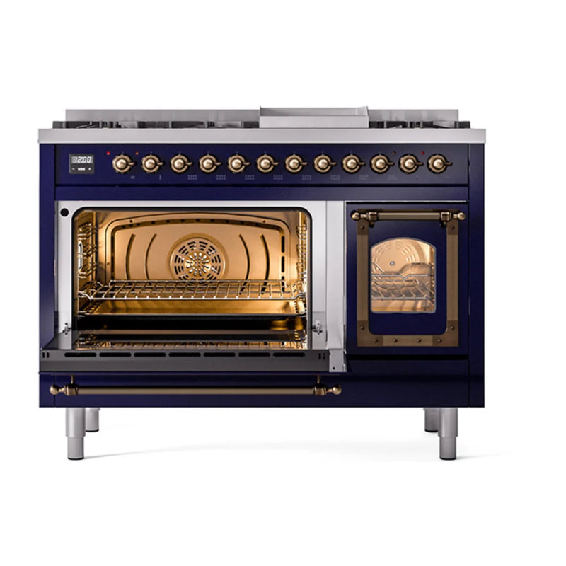 ILVE Nostalgie II Noblesse 48" Dual Fuel Freestanding Range in Midnight Blue with Burnished Trim, UN48FNMPMBBLP